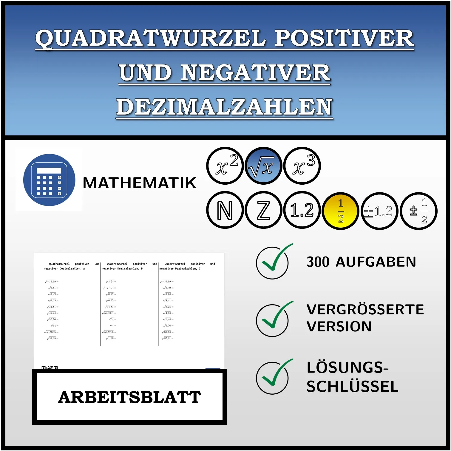 Arbeitsblatt: Quadratwurzel positiver und negativer Dezimalzahlen