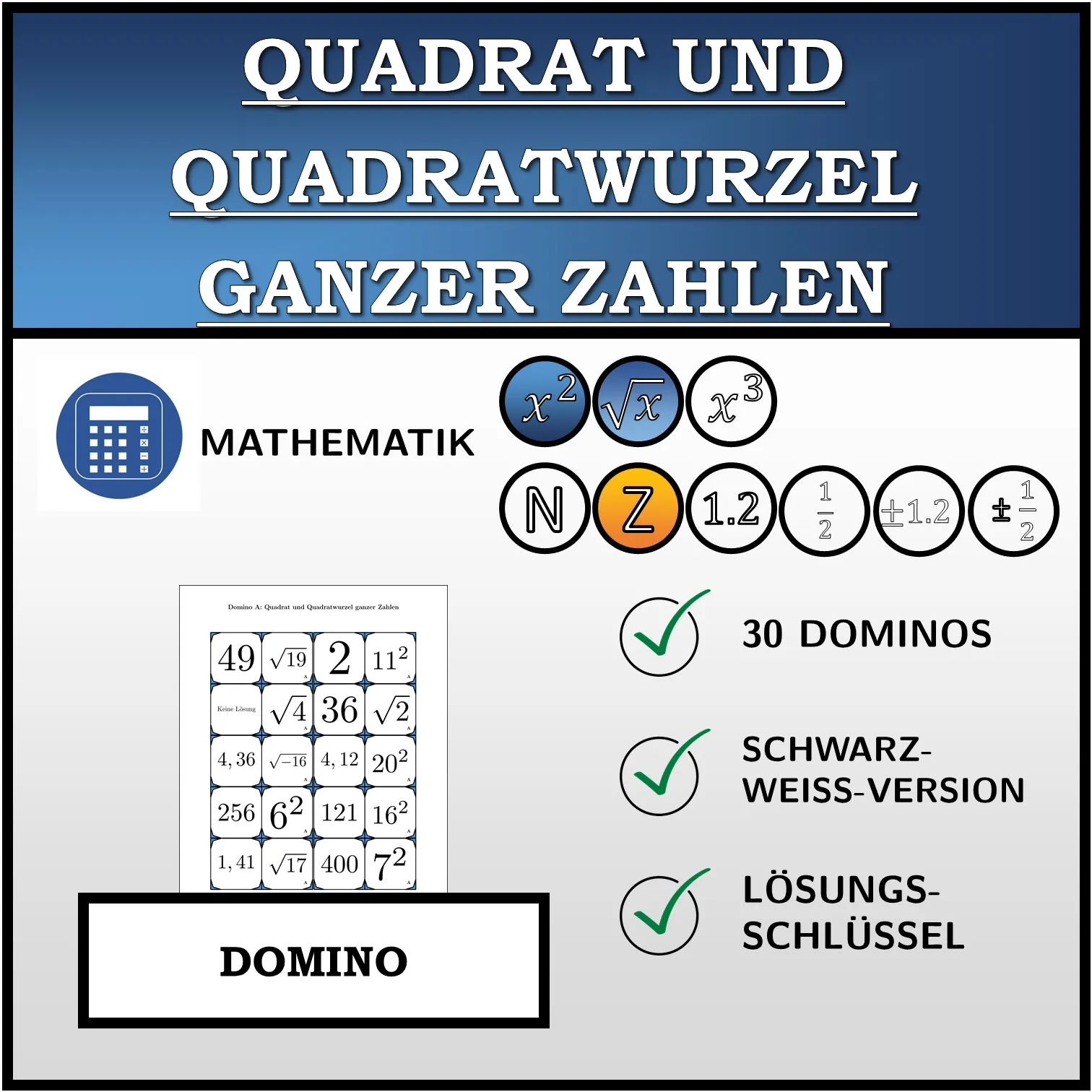 Domino: Quadrat und Quadratwurzel ganzer Zahlen