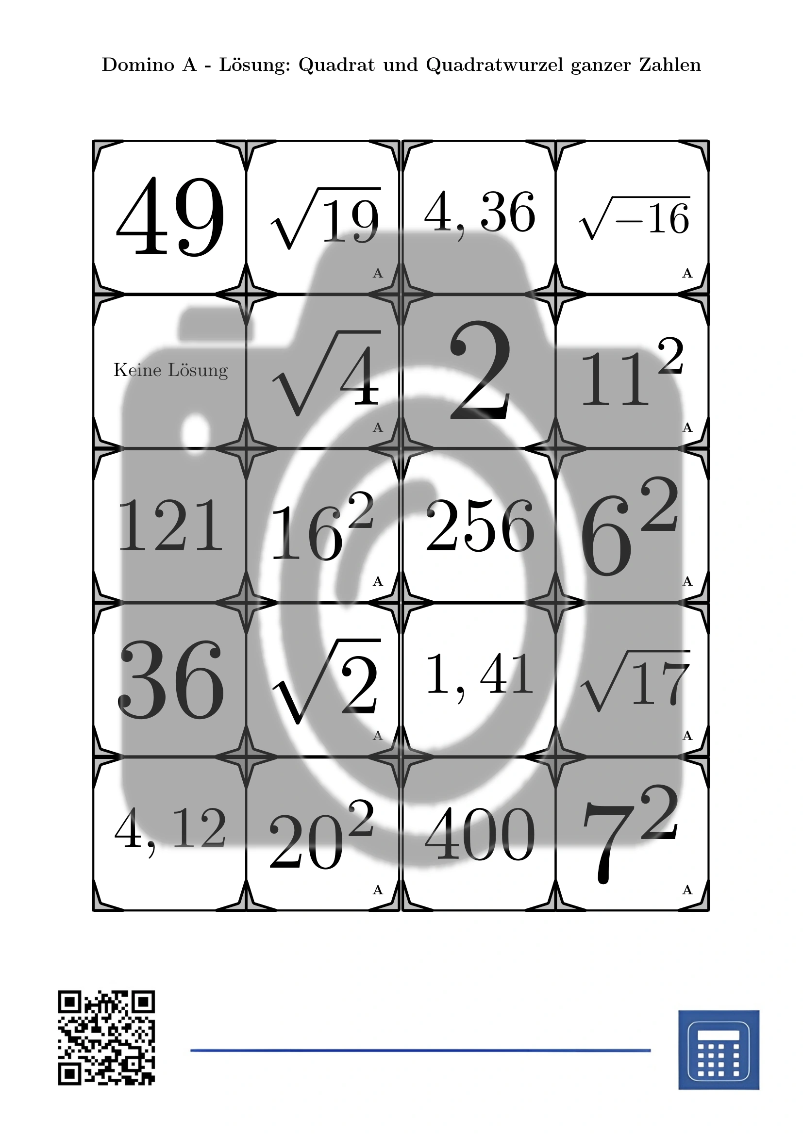 Domino: Quadrat und Quadratwurzel ganzer Zahlen – Bild 4
