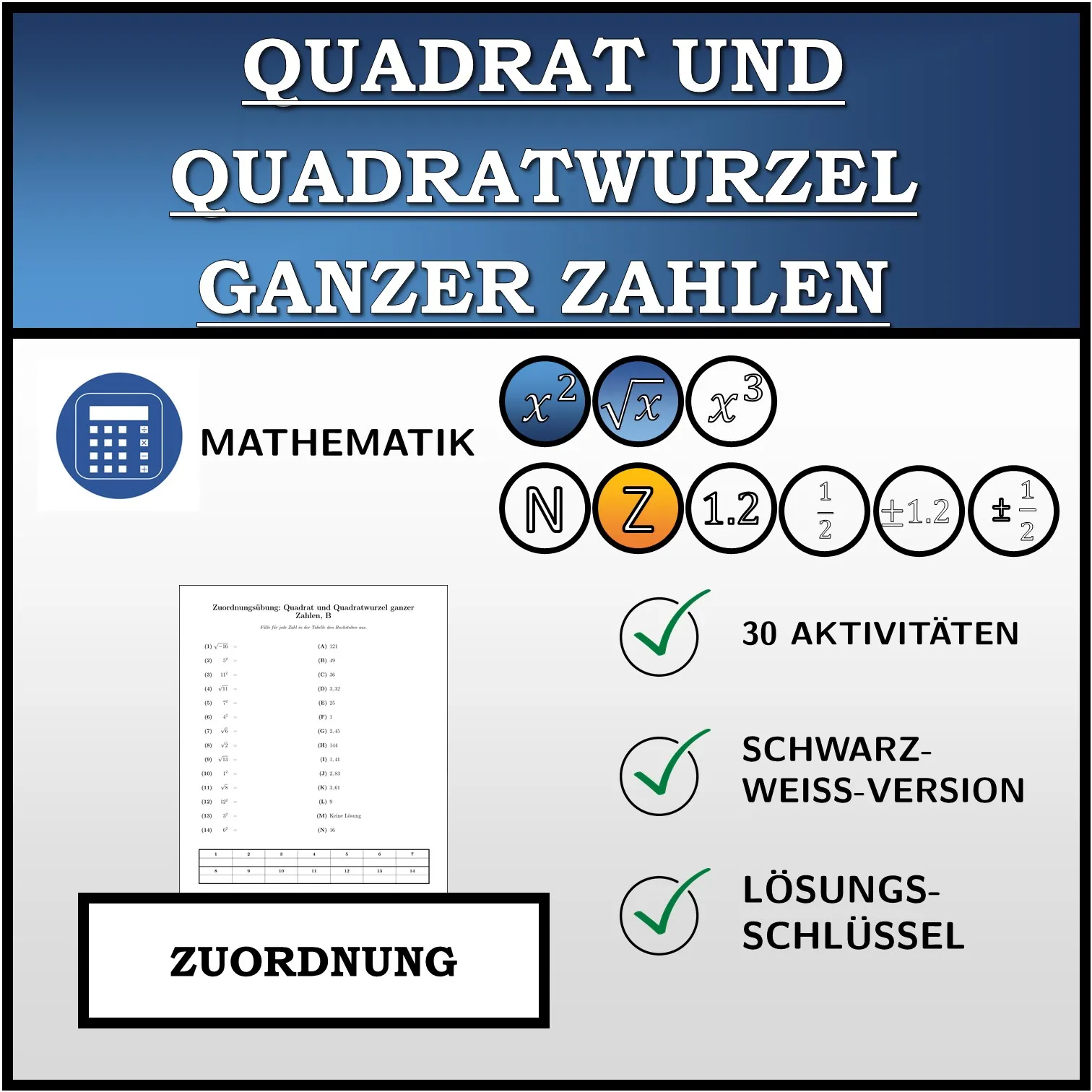 Zuordnungsübung: Quadrat und Quadratwurzel ganzer Zahlen
