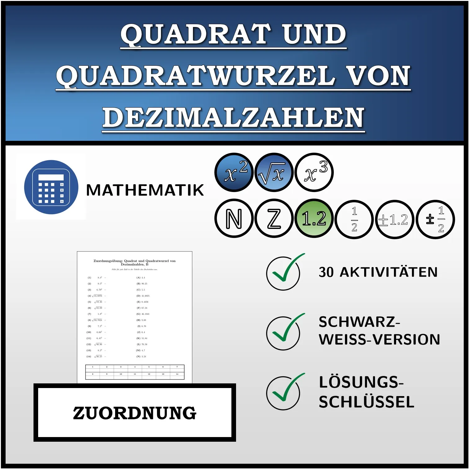 Zuordnungsübung: Quadrat und Quadratwurzel von Dezimalzahlen